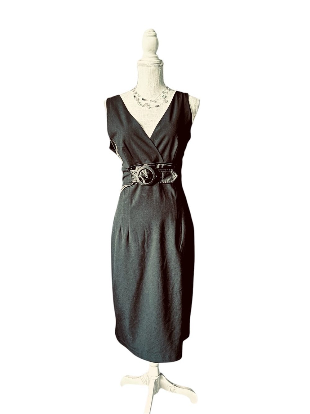 Boston Proper Black Sleeveless V-Neck Midi Dress with Waist Belt